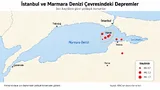 İstanbul ve Marmara Denizi çevresinde meydana gelen depremlerin konumlarını gösteren deprem haritası