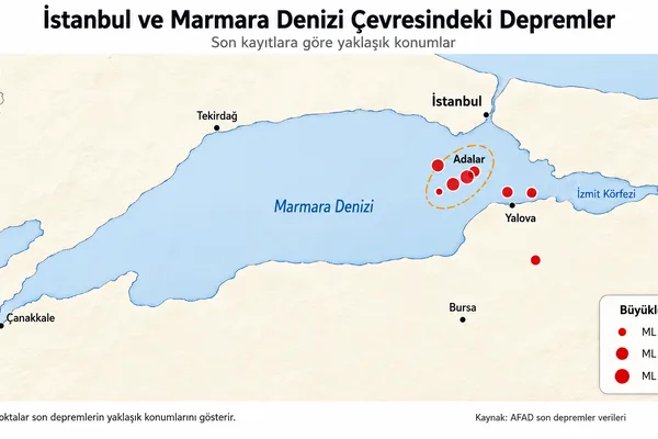 İstanbul ve Marmara Denizi çevresinde meydana gelen depremlerin konumlarını gösteren deprem haritası